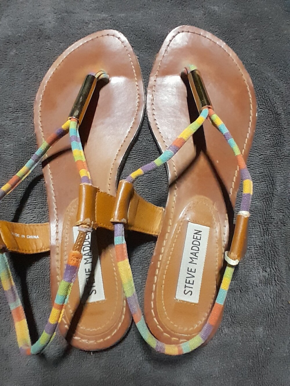 Steve Madden Brown Leather Sandals with Multicolor Fabric Straps